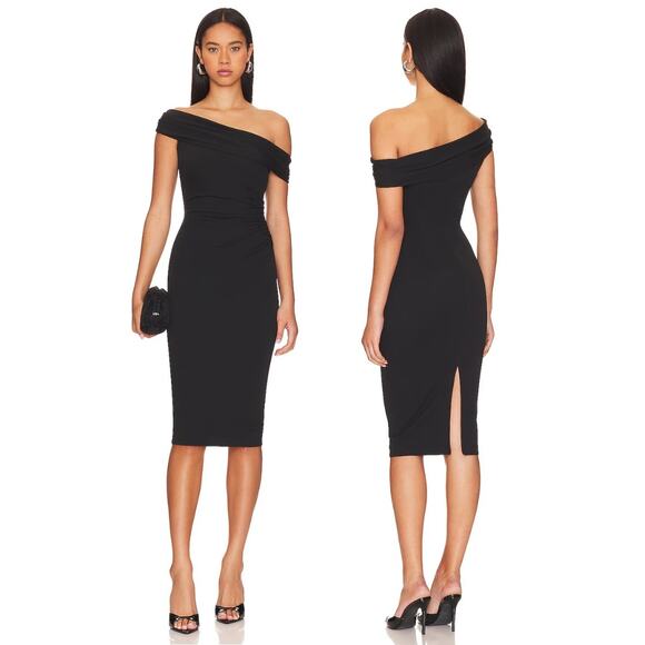 REVOLVE Katie May Flynn Midi Dress Draped One-Shoulder Back Slit Black Size XXS